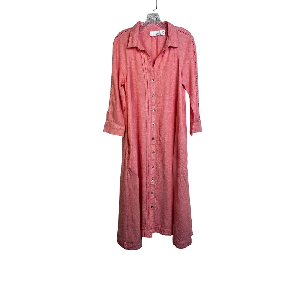 Calypso St Barth Coral Linen Blend Pintuck Midi Shirt Dress M Coastal Lagenlook - Picture 2 of 11